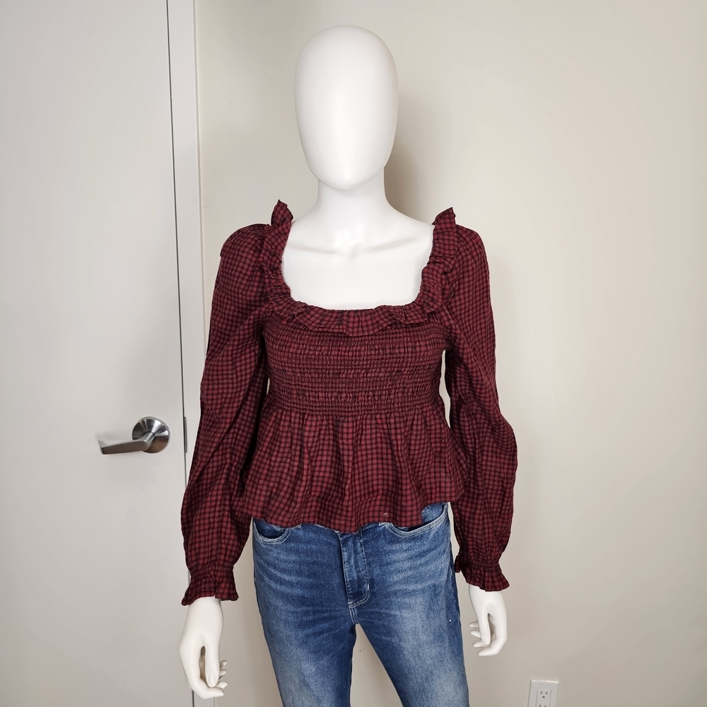 American Eagle Outfitters Burgundy Red Smocked Plaid Blouse Sz M